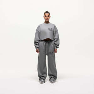 Conjunto Deportivo Gris de Dos Piezas para Mujer, Sudadera y Pantalones Deportivos con Hombros Caídos, Estilo Urbano y Deportivo, Precio de Fábrica - Product Image 1