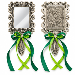 Miroir à main en argent allemand avec ruban vert, miroir de courtoisie rectangulaire avec ruban vert, cadre décoratif traditionnel Desi - Product Image 1