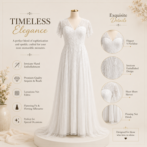 Women White Beaded Tulle Wedding Dress V Neck Short Sleeve A Line Bridal Gown Embellished Floor Length Elegant Ceremony Dress - Product Image 4