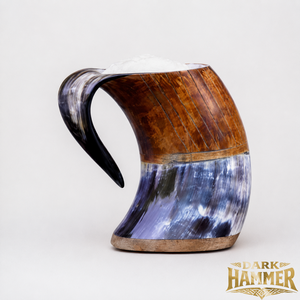 Taza de cuerno de búfalo hecha a mano con base de madera marrón, taza de cuerno vikinga natural, taza medieval hecha a mano - Product Image 1