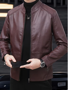 TRIBON SPORTS <b>Men's</b> Brown Cowhide <b>Leather</b> Bomber <b>Jacket</b> Stand Collar Zipper Closure Slim Fit Regular Sleeve Solid Color - Product Image 1