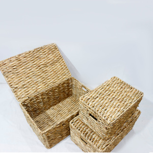 Eco Friendly Water Hyacinth <b>Foldable</b> Wicker Storage <b>Basket</b> Set with Lid and Handles - Product Image 3