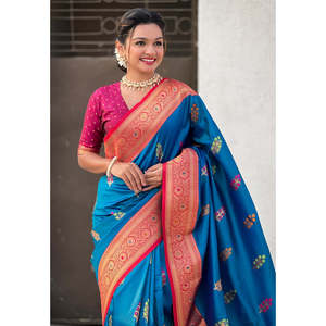 Sari de Seda Azul Suave Elite Weaves con Elegante Diseño Floral Meenakari Zari Tejido para Vestidos de Noche - Product Image 3