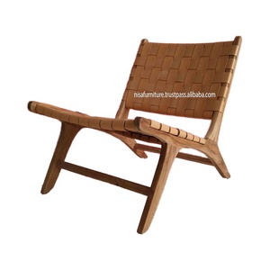 Fauteuil lounge en teck massif au design moderne, avec revêtement en cuir véritable tressé marron, meubles en teck pour appartement, salon - Product Image 4