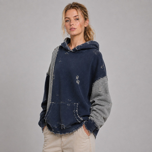 OEM Custom <b>Women's</b> Cotton Vintage Wash Distressed <b>Hoodie</b> <b>Navy</b> Blue Grey Panel Ripped Pullover Heavyweight Streetwear Wholesale - Product Image 6