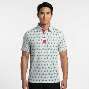 Men's Short Sleeve <b>Polo</b> <b>Shirt</b> With Cactus Print Cotton Oxford Fabric Breathable Casual Design <b>Red</b> Buttons Front Logo - Product Image 3
