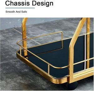 Chariot de bar roulant en métal finition or, chariot à boissons de luxe, mobilier de bar pour la maison, chariot de bar contemporain avec étagère en verre noir pour boissons - Product Image 2