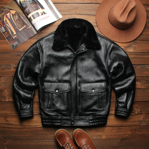 Abrigo de Piel de Oveja Genuina Negra para Hombre con Cuello de Piel y Cremallera, Abrigo de Invierno - Product Image 2