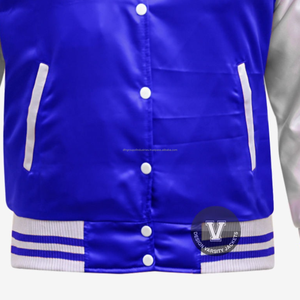 Chaqueta cortavientos de satén de estilo fresco con cuello de punto, venta al por mayor, chaquetas universitarias de satén rojo de béisbol, ribete a rayas para hombres - Product Image 4