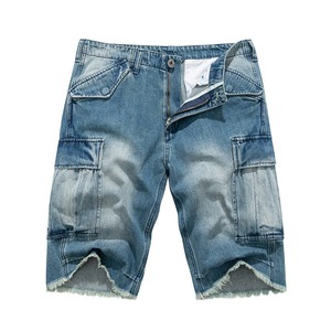 Shorts en jean décontractés pour hommes, coupe ample, collection été, haute qualité, méthode de tissage tricotée, coupe droite, délavage moyen, effet usé - Product Image 1