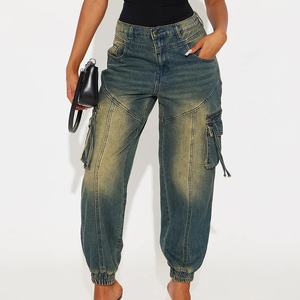 Womens Cargo Jogger <b>Jeans</b> Breathable Eco-Friendly Vintage Wash <b>Elastic</b> Cuff Denim Pants Multi-Pocket Streetwear Baggy - Product Image 3