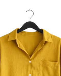 Ensemble deux pièces en lin jaune moutarde pour femme, chemise à manches longues boutonnée et pantalon large à taille élastique, tenue décontractée - Product Image 4