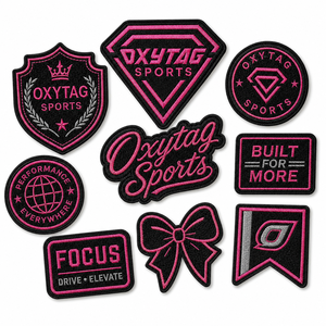 Patchs brodés Oxytag Sports, appliques thermocollantes en tissu, noir rose, forme irrégulière, prix bas, vente en gros, OEM personnalisé - Product Image 1