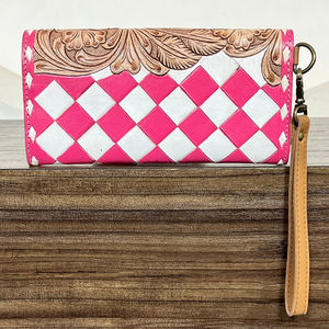 Portefeuille long en cuir de vachette pour femme, avec pochette à main en cuir à motifs floraux roses et à carreaux, fabriqué à la main par des designers, protégé par RFID, 2025 - Product Image 5
