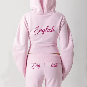 Custom High Quality French Terry Women's Screen Print <b>Zip</b> <b>up</b> <b>Cropped</b> Hoodie Set Clothing Manufacturers - Product Image 2