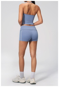 2026 Blue 2 Piece Yoga Set Halter <b>Crop</b> <b>Top</b> High Waist Shorts Seamless Quick Dry Spandex Polyester Solid Color Contrast Stitch - Product Image 2