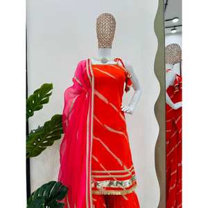 Hermoso conjunto de fiesta de gasa con corte en A, top, pantalón y dupatta con estampado digital y borde de encaje, cintura imperio - Product Image 1