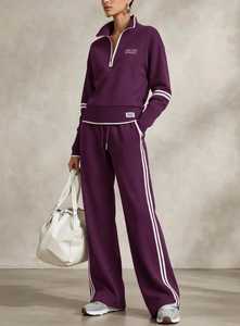 Conjunto Deportivo Oneten para Mujer, Color Granate, con Cierre de Cremallera, 2 en 1, Cuello Alto, Top de Manga Larga a Rayas y Pantalones Anchos - Product Image 2