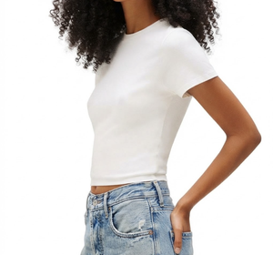 T-shirt Femme Personnalisé Coupe Slim 100% Coton Respirant Anti-boulochage Noir Uni Teint Uni Tricoté Décontracté Manches Courtes Vente en Gros - Product Image 3
