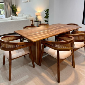 Ensemble de table à manger en bois massif minimaliste moderne avec chaises en rotin, meubles écologiques pour la maison - Product Image 1