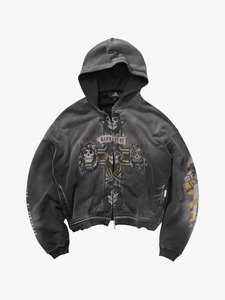 Sudadera con capucha unisex negra con lavado ácido, ecológica, de felpa francesa 100% algodón, oversize, con cremallera, estampado de calavera y cruz, estilo streetwear. - Product Image 3