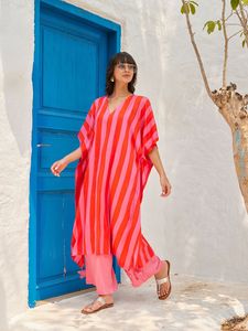 Women's 100% Cotton Cambric Candy Stripe V Neck Three Quarter Sleeve Loose Fit Lightweight Beachwear <b>Kaftan</b> <b>Dress</b> - Product Image 4