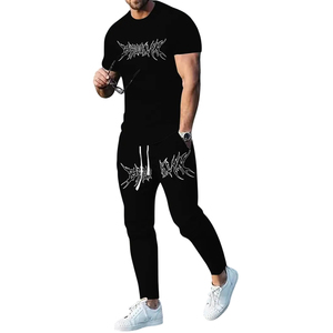 Conjunto Casual de Dos Piezas para Hombre, Otoño, Cuello Redondo, Camiseta de Manga Corta de Felpa y Pantalones con Cordón Ajustable, con Logotipo Personalizado - Product Image 1