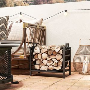 Modern 19.3\" X 13.4\" X 17.3\" Black Metal Firewood <b>Rack</b> Indoor Outdoor Durable Wood Storage with <b>Log</b> Carrier Handles - Product Image 2