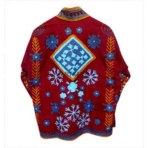 Red <b>Corduroy</b> Mandarin Collar Quilted <b>Jacket</b> Hand Embroidered Floral Pattern Full Sleeve Women's Autumn Eco-Friendly Breathable - Product Image 6