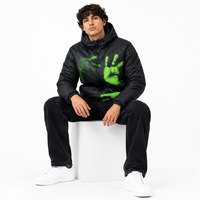 Veste matelassée à capuche pour homme avec logo imprimé personnalisé, motif imprimé à la main vert, coupe-vent, fermeture éclair, streetwear, veste à bulles pour l'hiver