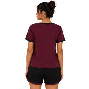 Burgundy And Black Women <b>Two</b> <b>Piece</b> Shorts <b>Set</b> Square Neck Button Top Floral Print Contrast Trim Casual Summer Cotton <b>Lounge</b> Wear - Product Image 2