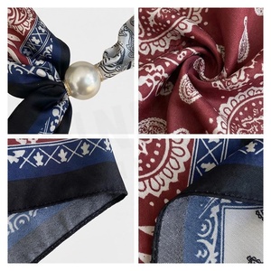 Elegant Women's <b>Square</b> Silk <b>Scarf</b> With Pearl Clasp Red Blue White Paisley Print Multi-Functional Fashion Accessory All Seasons - Product Image 4