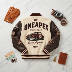 Men's Cream Brown <b>Racing</b> <b>Jacket</b> Motorsport Letterman Bomber <b>Jacket</b> Embroidered Streetwear Wholesale Apparel - Product Image 4