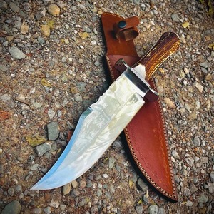 Cuchillo Bowie con Hoja de Punta Caída, Acero al Carbono, Mango de Asta de Ciervo, Funda de Cuero, Uso en Exteriores, OEM - Product Image 1