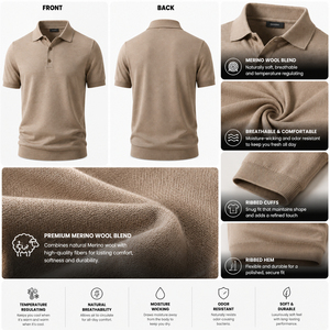 เสื้อเชิ้ตแขนสั้นผู้ชายสีเบจ ผ้าไม่ทอ 100% ผ้าฝ้าย สไตล์สปอร์ต ทรงปกติ สวมใส่สบาย สีพื้น ดีไซน์ย้อมเส้นด้าย - Product Image 3