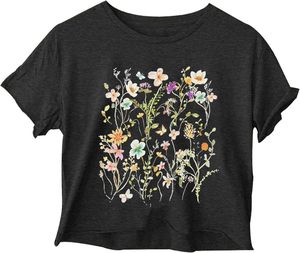 Camisetas cortas de manga corta para mujer, camisetas con estampado de flores silvestres, cuello redondo, camisetas gráficas holgadas informales de verano - Product Image 4