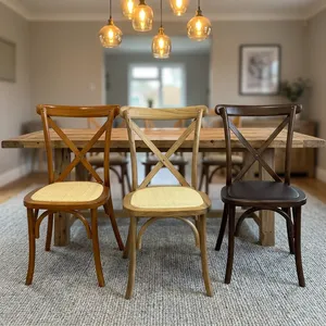 Chaise de restaurant classique à dossier croisé en velours avec structure en bois massif et assise tressée pour hôtel, usage extérieur, salon, maison, cuisine - Product Image 4