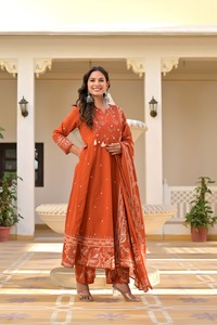 Orange Embroidered Pure Cotton Women Salwar Kameez Mirror Work Set 3/4th Sleeve <b>Kurti</b> & Pant with Dupatta for Party Wedding - Product Image 2