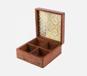 Handcrafted Wooden & Brass Box With 4 Partitions Manufacturer Wholesaler