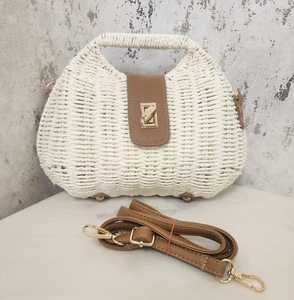 White Woven <b>Straw</b> Tote <b>Bag</b> Faux Leather Strap Twist Lock Shoulder Handbag for Beach Travel Daily Use - Product Image 3