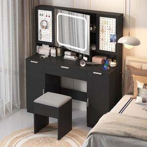 "Large LED <b>Makeup</b> Vanity Table with Lighted <b>Mirror</b> 2 DIY Pegboards 5 Hooks Charging Station Dressing Station" - Product Image 2