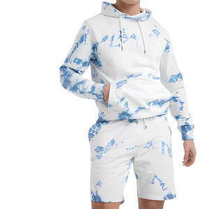 Ensemble sweat à capuche et short blanc et bleu pour homme – Survêtement décontracté d'été à manches longues avec cordon de serrage et poches en polyester respirant - Product Image 2