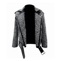 Veste en cuir véritable ornée de strass et de cristaux, design bling-bling, idéale pour les soirées et la scène, motif personnalisé, OEM