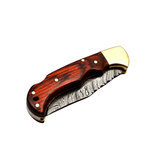 Custom Handmade Damascus <b>Steel</b> Lock Back Folding Knives with Dark Brown Wooden Handle Brass Bolster for Hunting Camping <b>Outdoor</b> - Product Image 4