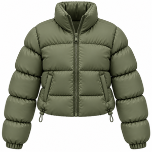 Women's Olive Green Quilted Puffer <b>Jacket</b> Stand Collar Full <b>Sleeve</b> <b>Short</b> Winter Coat Polyester Wadding Zipper Closure - Product Image 1