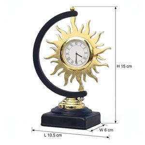 Horloge de bureau, design soleil doré, base noire, mouvement à quartz, fonctionne à piles, forme circulaire en métal, analogique, fonction snooze, moderne - Product Image 5