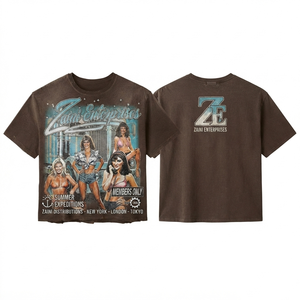T-shirt femme en coton premium 240 GSM, délavé, marron foncé, imprimé graphique vintage DTG, logo personnalisé, coupe oversize - Product Image 1
