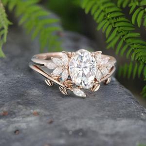 Oval Cut Moissanite Engagement Ring Set Vintage 925 Sterling Silver 14K <b>Gold</b> Plated Cluster Art Deco Bridal Ring - Product Image 2