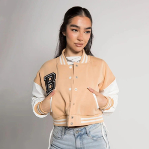 2026 New Casual Fashion Best Selling Women's Varsity <b>Jacket</b> Cropped Wool and <b>Leather</b> Sleeve <b>Jackets</b> - Product Image 3