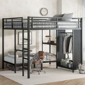 Letto a Castello in Metallo King-Size con Armadio Integrato e Scrivania Pieghevole, Finitura Nera - per Letti Twin XL - Product Image 1